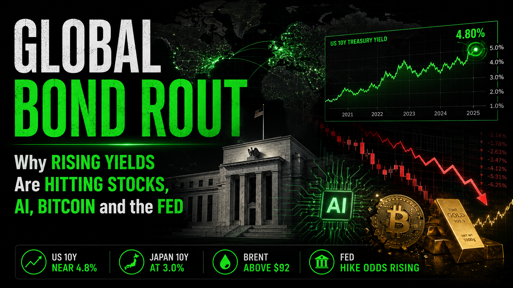 Global bond rout infographic showing the US 10-year Treasury yield near 4.8%, Japan’s 10-year yield at 3.0%, Brent crude above $92, and rising Fed hike odds, with falling stocks, AI, Bitcoin and gold illustrating the impact of higher global interest rates.